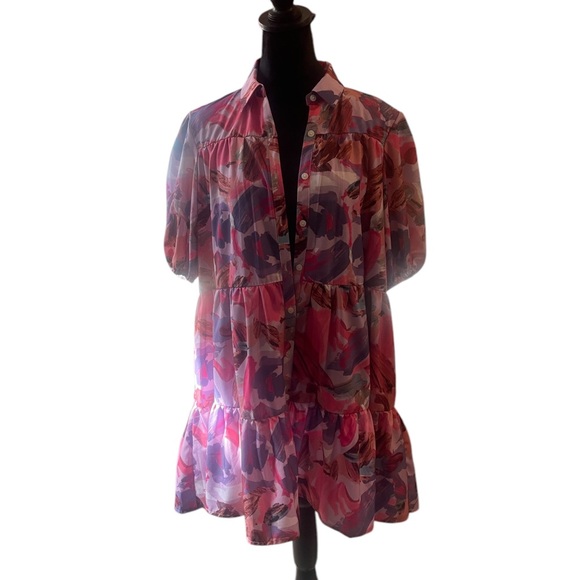 Pink multi colored Floral  Ruffle Hem Smock Dress,baby doll dress,Large,New - Picture 10 of 12